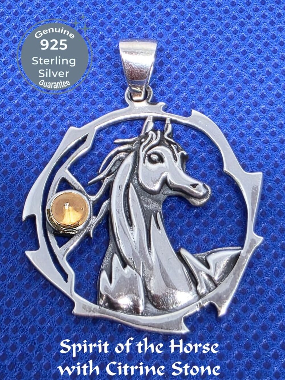 Sterling Silver 925 𝑯𝒐𝒓𝒔𝒆 𝒔𝒑𝒊𝒓𝒊𝒕 and 𝑪𝒊𝒕𝒓𝒊𝒏𝒆 stone Pendant